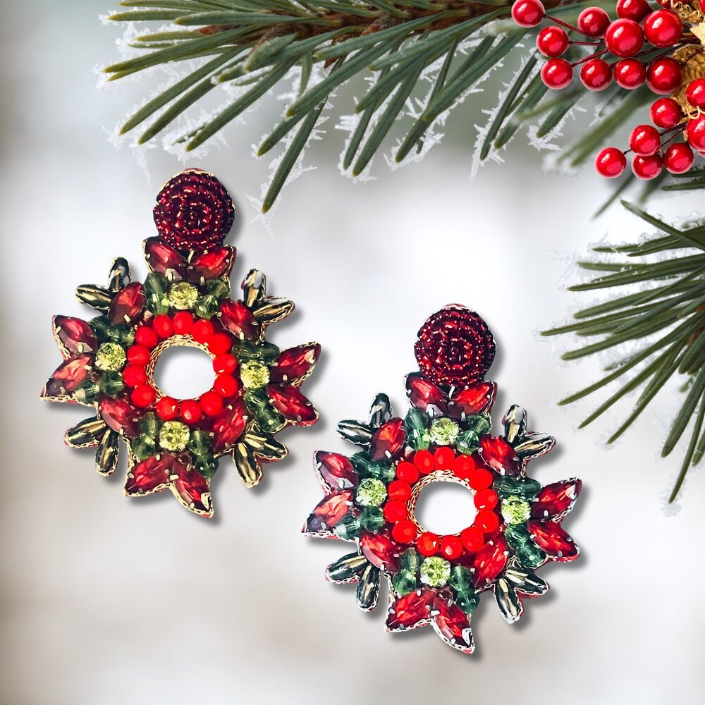 Gorgeous Austrian Crystal & CZ Rhinestones Seed Beaded Christmas Wreath Earrings